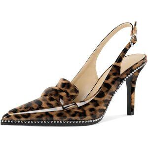 Women Leopard Stiletto Beaded Shoes Pointed Toe Slip On Loafers Slingback Heel